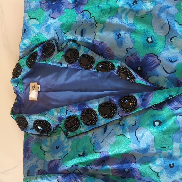 Vintage 80's 90's patterned teal and blue silk blazer - Picture 2 of 7